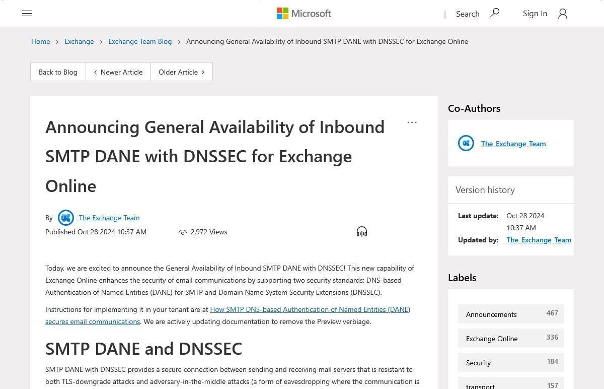 Microsoft、DNSSECを使用した受信SMTP DANEの一般提供を開始 (TECH+)