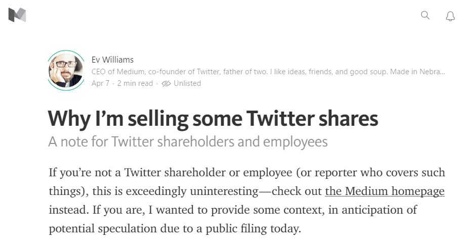 エヴァン・ウィリアムズ氏、保有するTwitter株式の3割売却へ