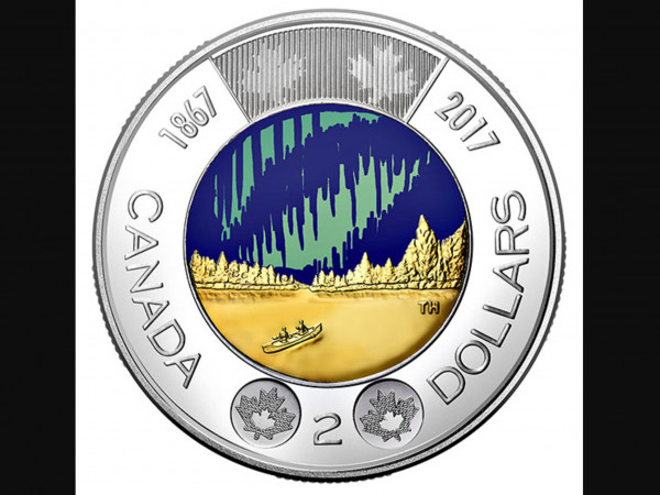 カナダ　建国150周年記念　2ドル　硬貨　　 Coin 世界初の暗闇で光るコイン! カナダ建国150周年記念、オーロラが輝く2