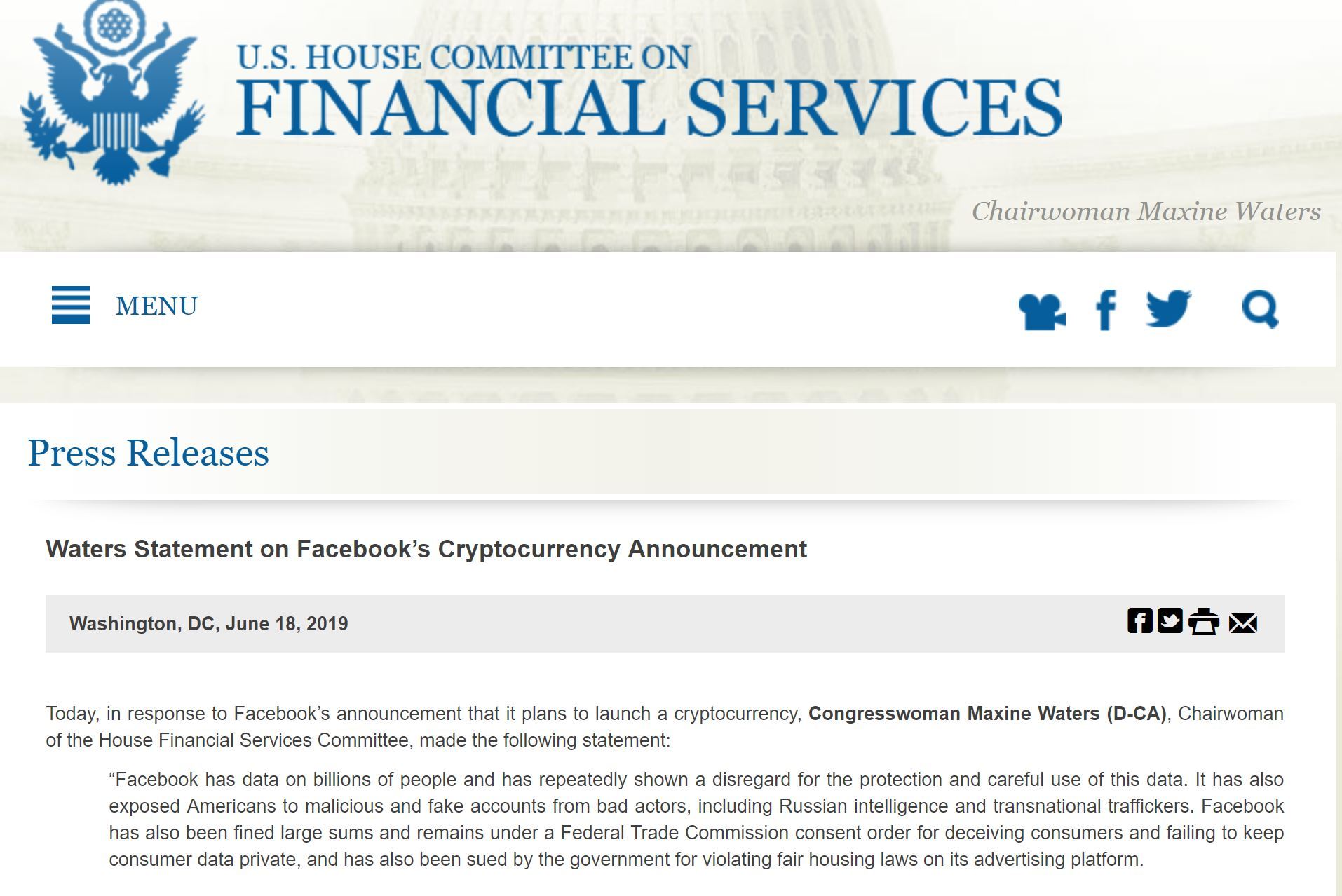Facebookの暗号通貨「Libra」に米下院が「待った」