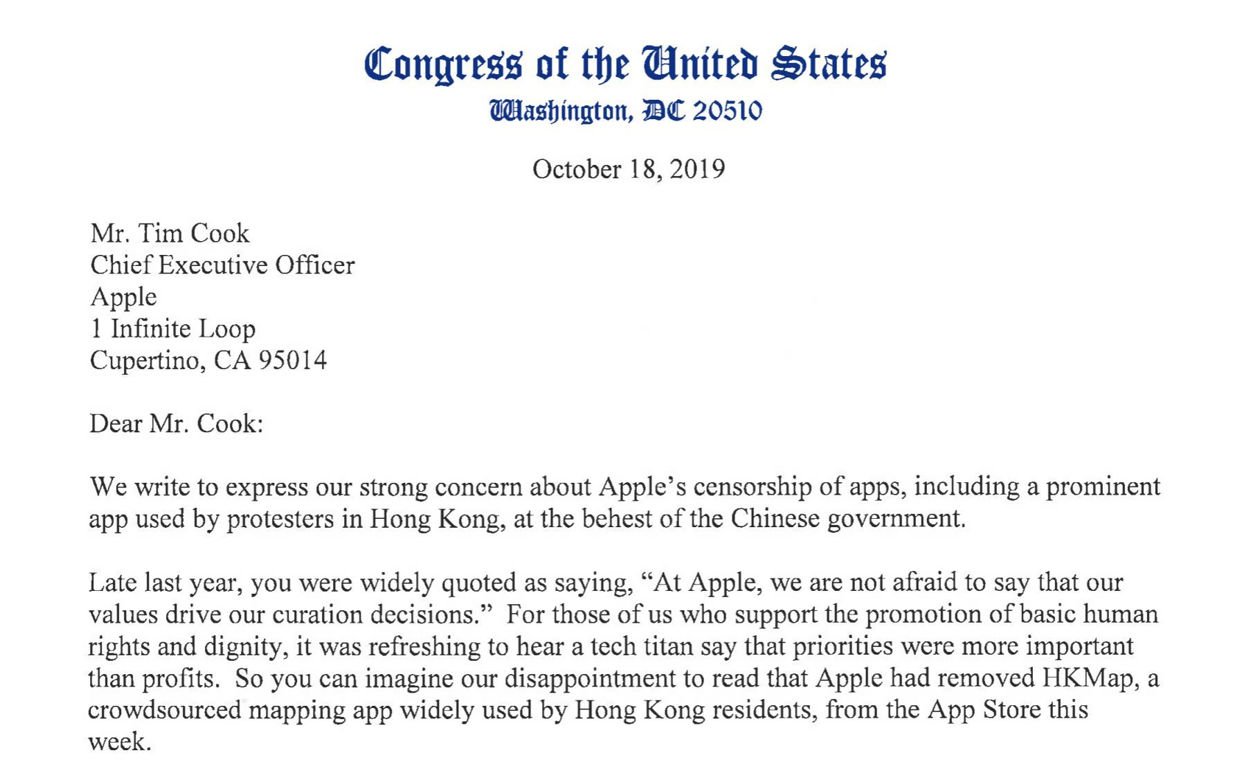 香港デモ支援アプリ削除のAppleのクックCEOに対し、米議員らが「中国の圧力に抵抗せよ」