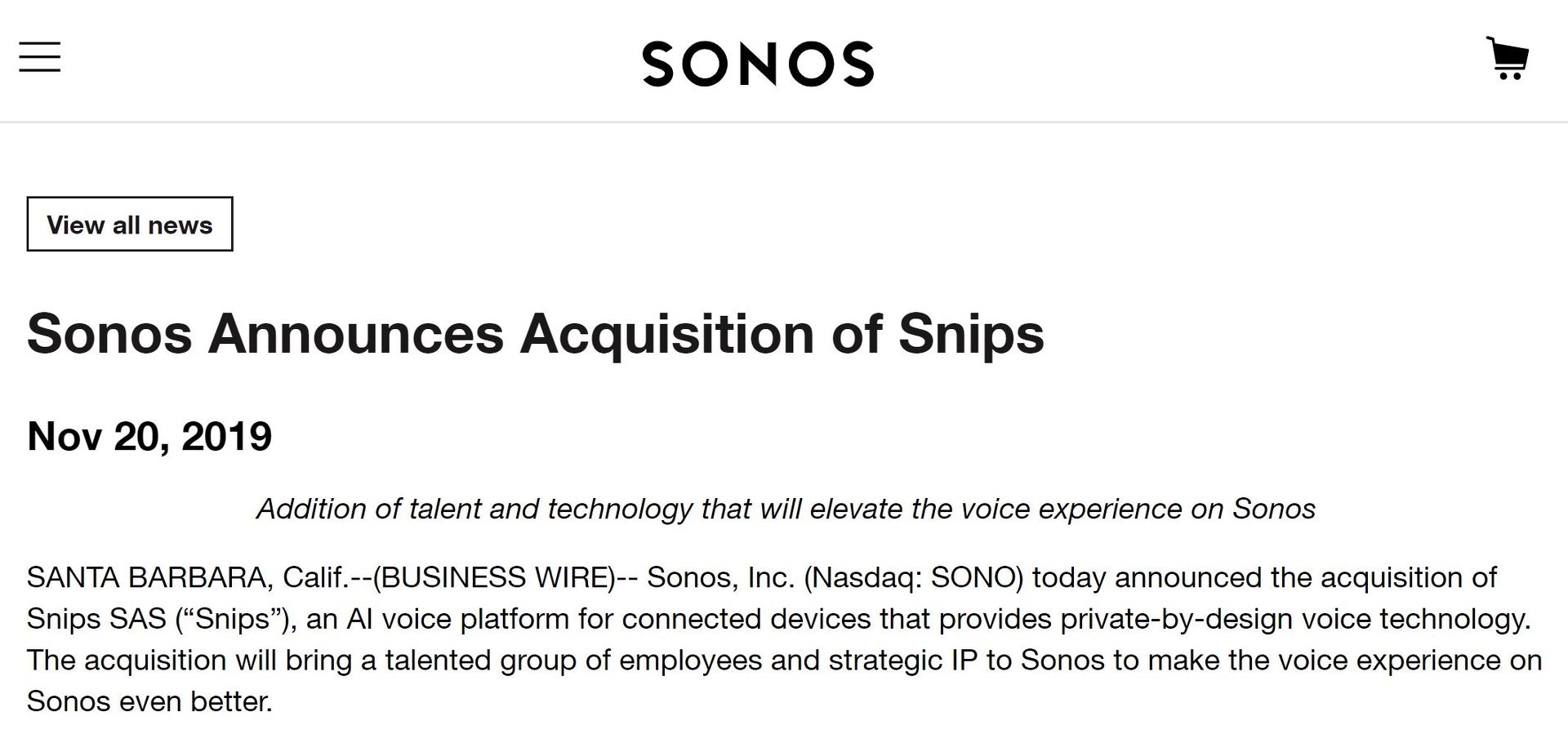 Sonos、プライバシー重視の音声アシスタントのSnipsを3750万ドルで買収