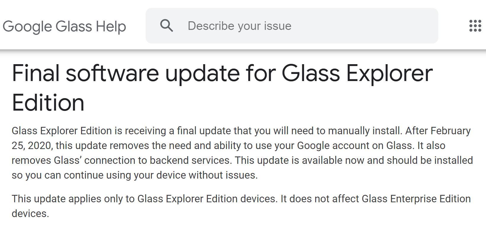 「Google Glass」のExplorerエディション、2020年2月でサポート終了