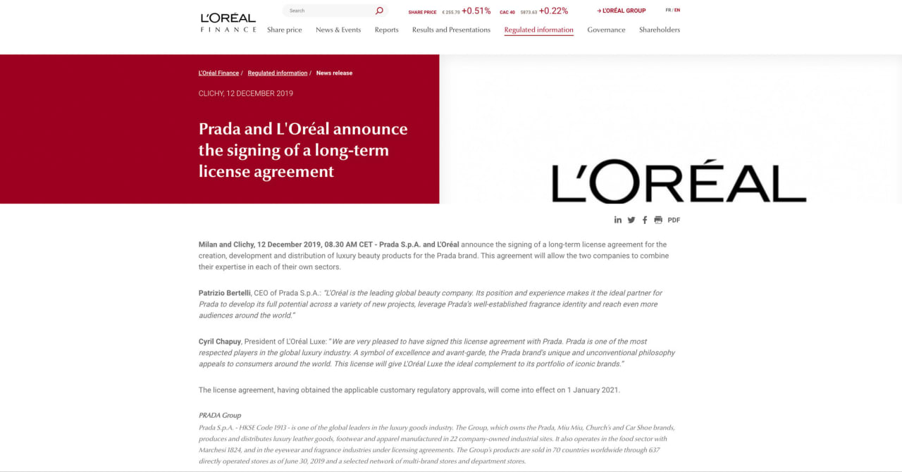 プラダ、ビューティー事業でロレアルと長期ライセンス契約を締結
