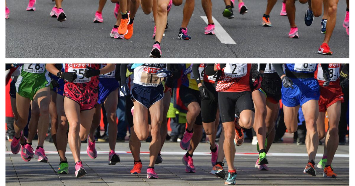 箱根駅伝で選手が履いてるピンクのナイキ。厚底がランナー靴のトレンドだ。