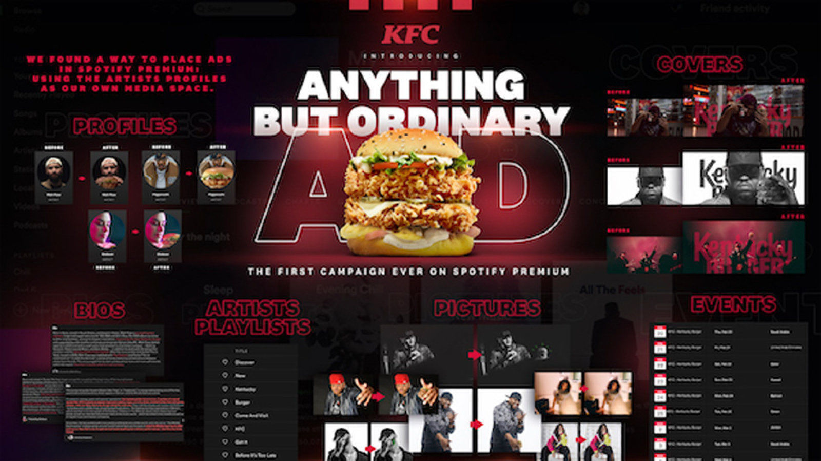 広告なしのSpotify PremiumにKFCが広告出す。アーティスト写真がチキンサンドに