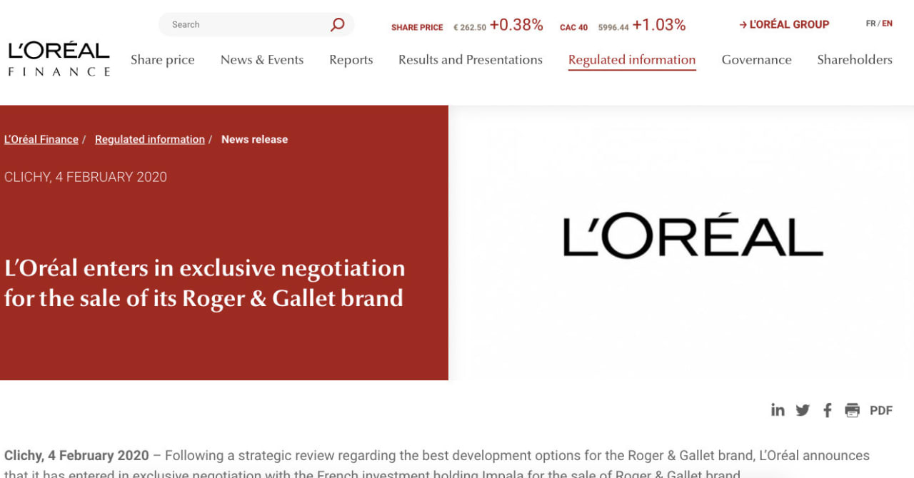 ロレアルがフレグランスブランド「ロジェ・ガレ」を仏投資会社に売却へ
