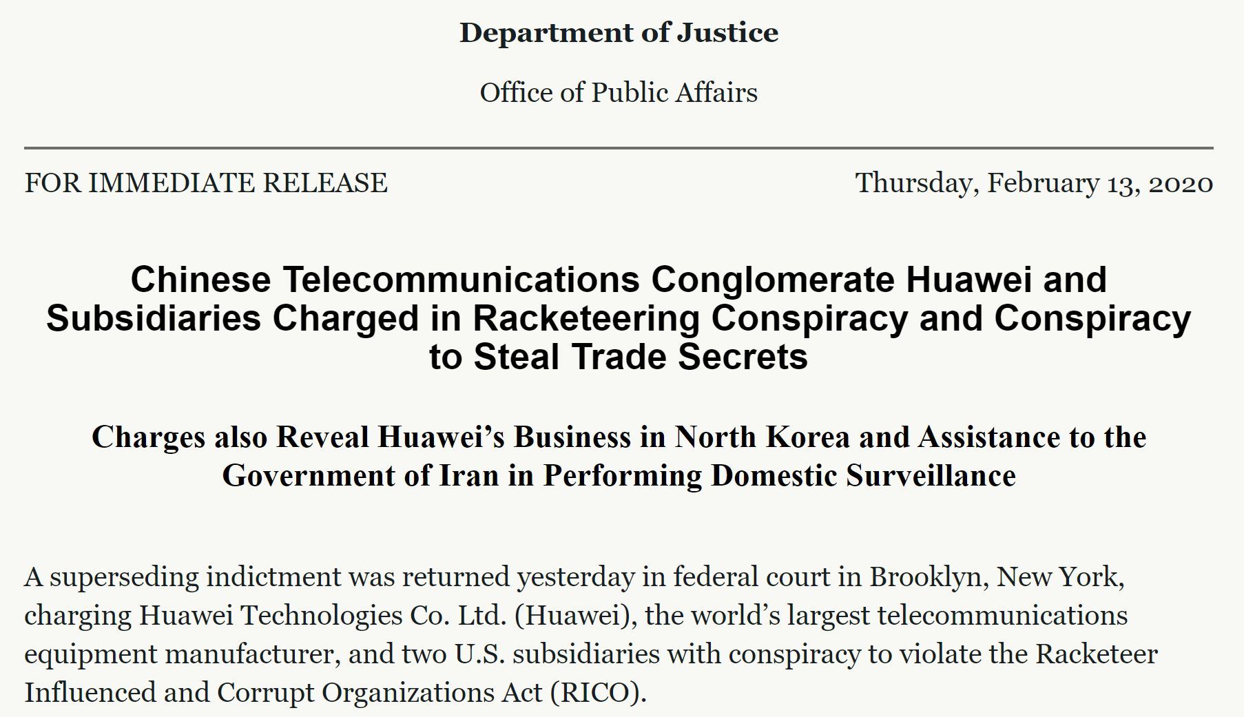 米司法省、中国Huaweiを16の罪で追起訴