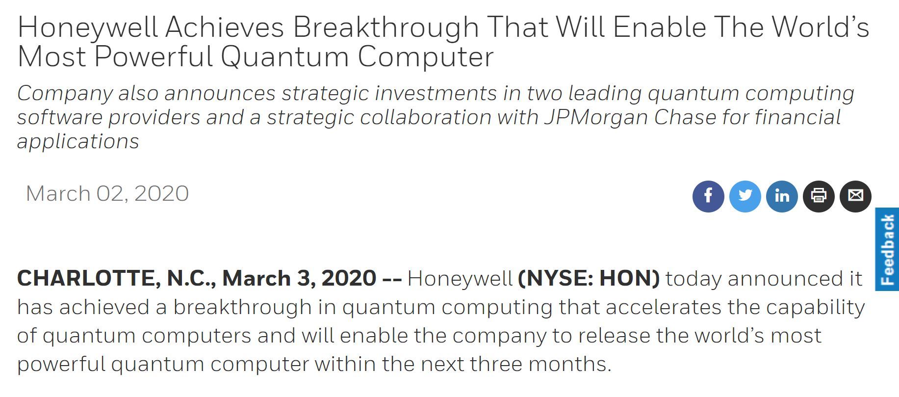 Honeywell、「量子ボリューム64」の量子コンピュータを3カ月以内に市場投入