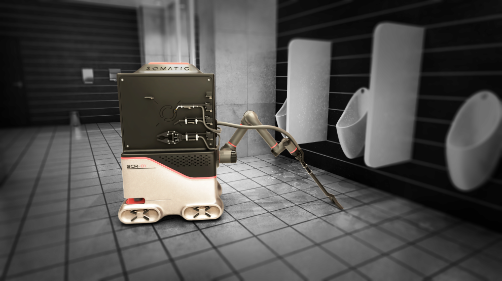 VRで事前学習してから作業する公共トイレ用掃除ロボ