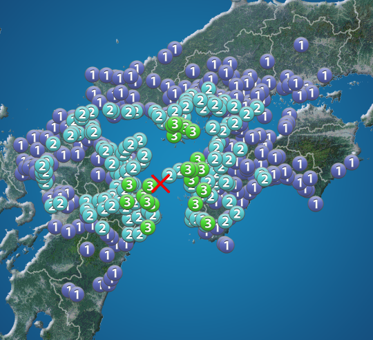 愛媛県・山口県・高知県・大分県で震度3の地震発生
