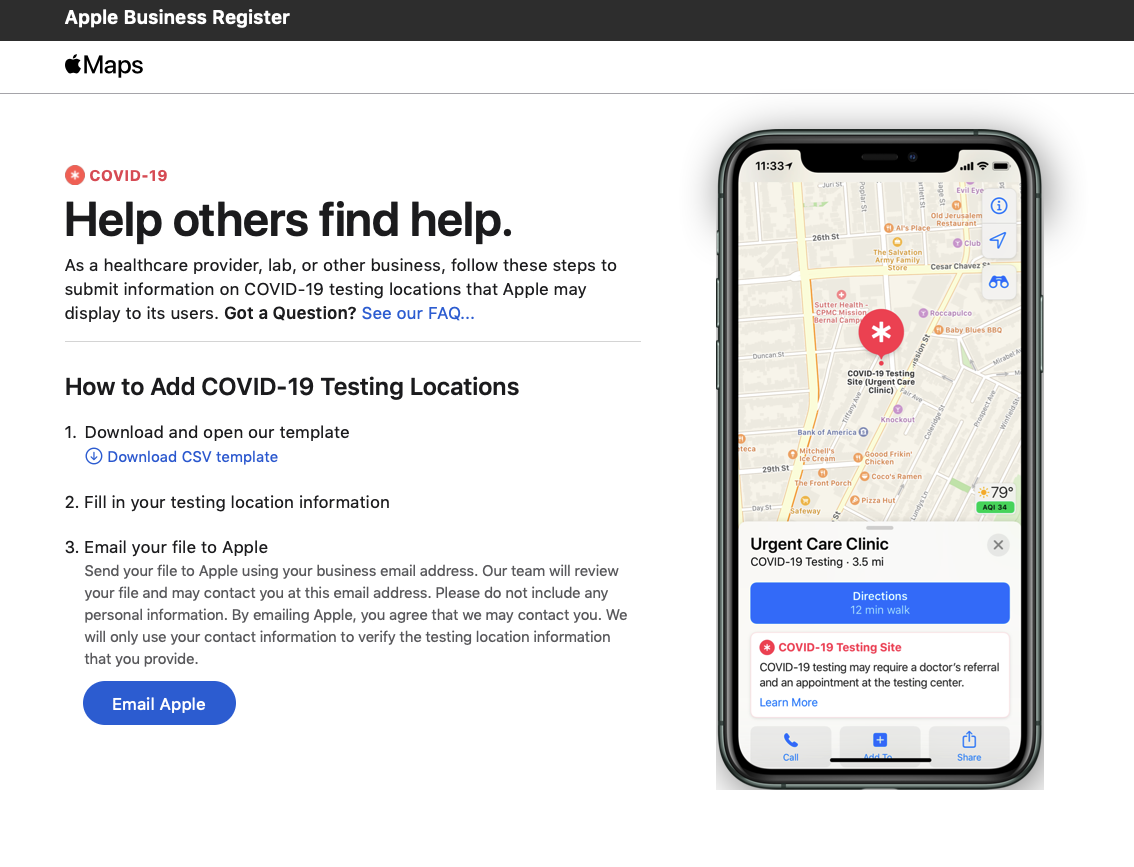 Apple、Appleマップ用COVID-19検査ができる施設情報の募集を開始