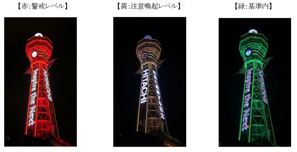 通天閣を「赤・黄・緑」でライトアップ　大阪基準の到達レベルを周知