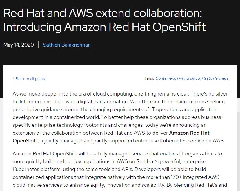 「Amazon Red Hat OpenShift」発表　AWSがRed Hat OpenShiftのマネージドサービスを提供へ