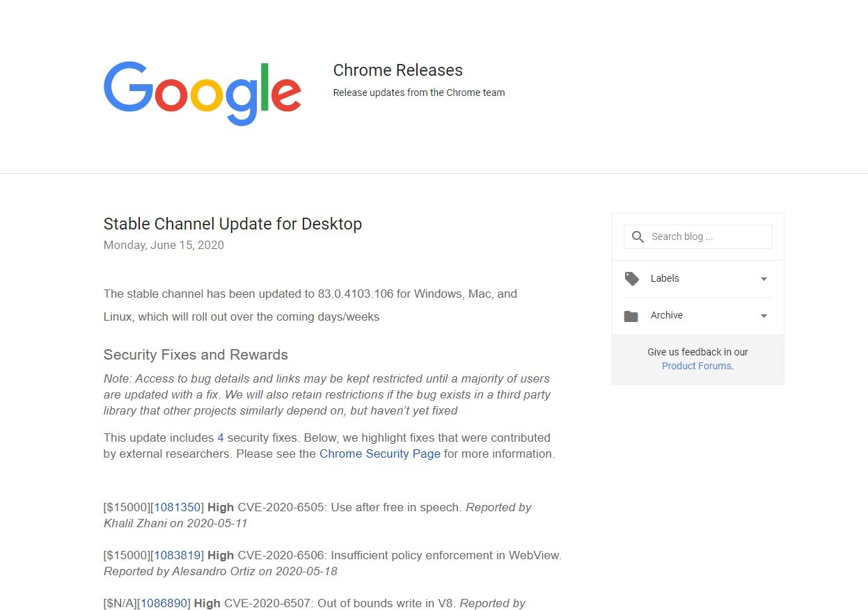 Google、デスクトップ向け「Chrome 83」のセキュリティアップデート公開