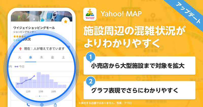 Yahoo!MAP、ショッピングモールや行楽施設の混雑状況を表示