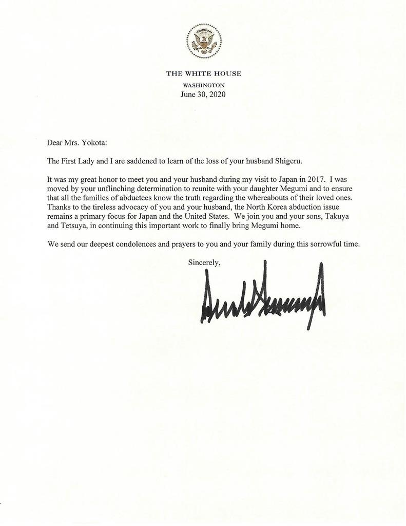 トランプ米大統領から横田早紀江さんへ書簡　「不屈の決意に感動」