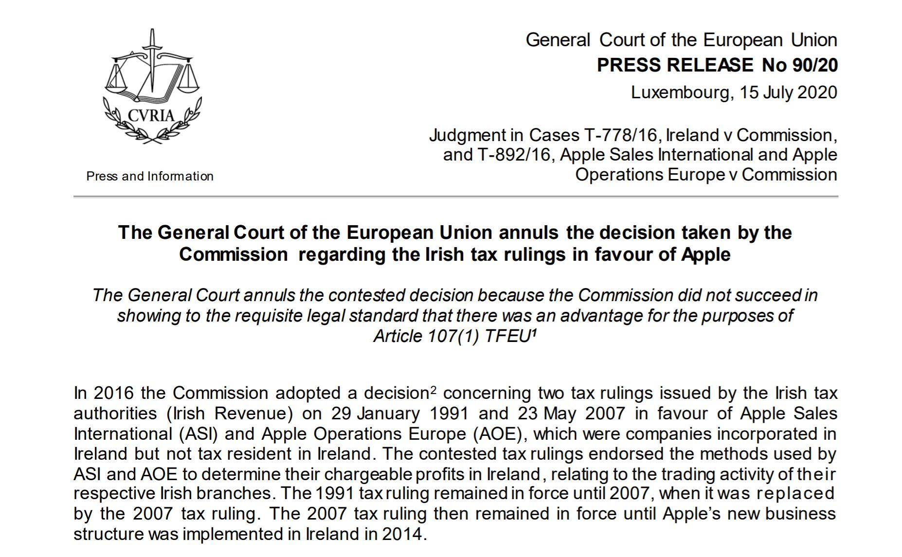 Apple、アイルランドの税優遇をめぐる130億ユーロ追徴課税裁判で勝訴（一審）