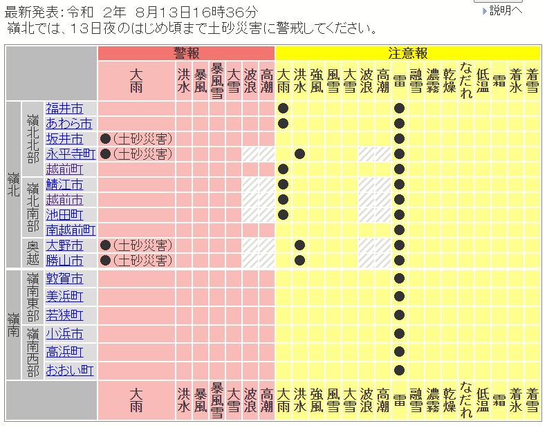 福井県内４市町に大雨警報