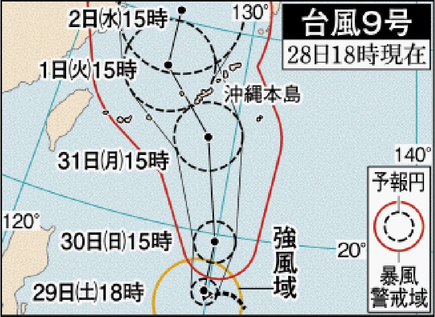 台風9号「非常に強い勢力」で沖縄直撃の恐れ　31日から暴風警戒