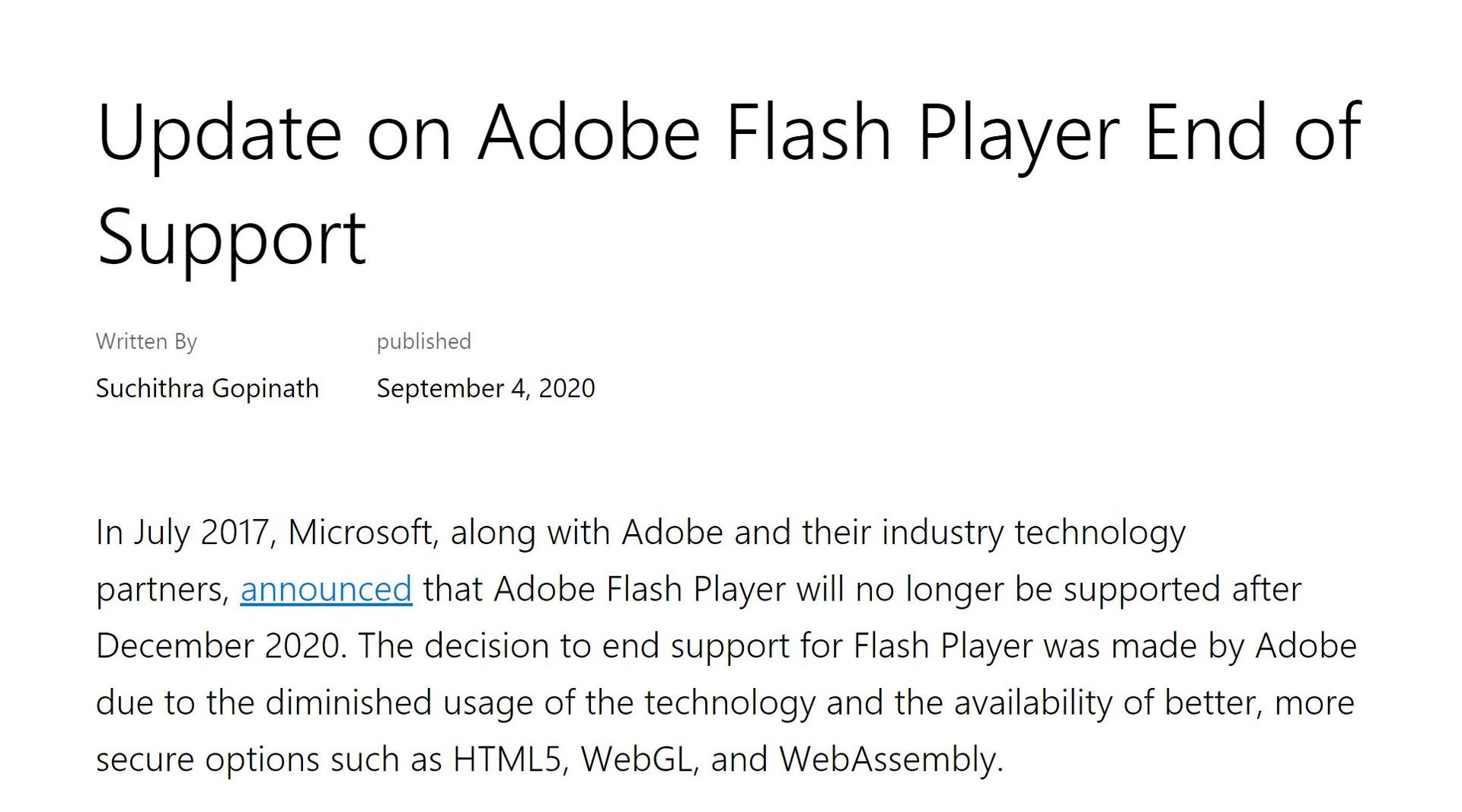 Microsoft、公式WebブラウザでのFlash終了について説明