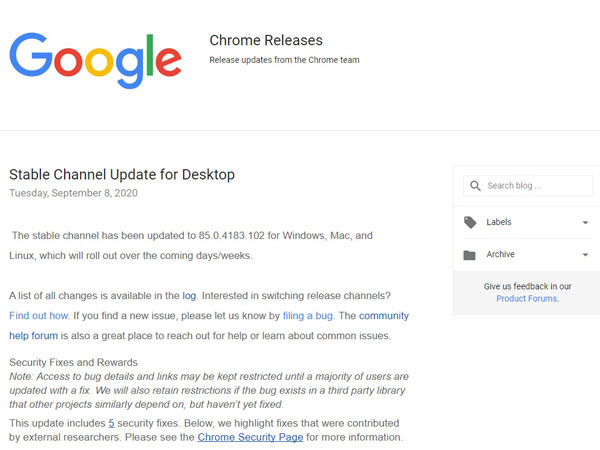 Google、「Chrome 85」のセキュリティアップデート公開