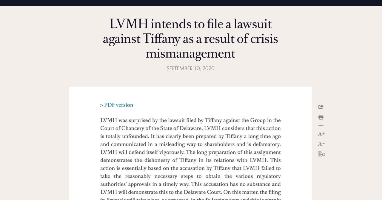 LVMHがティファニーを提訴、買収撤回問題で対立