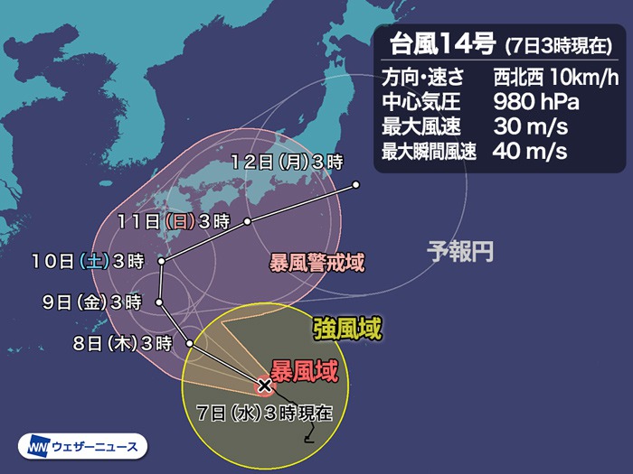 台風14号は暴風域を伴い北上　奄美や九州南部で影響長引くおそれ