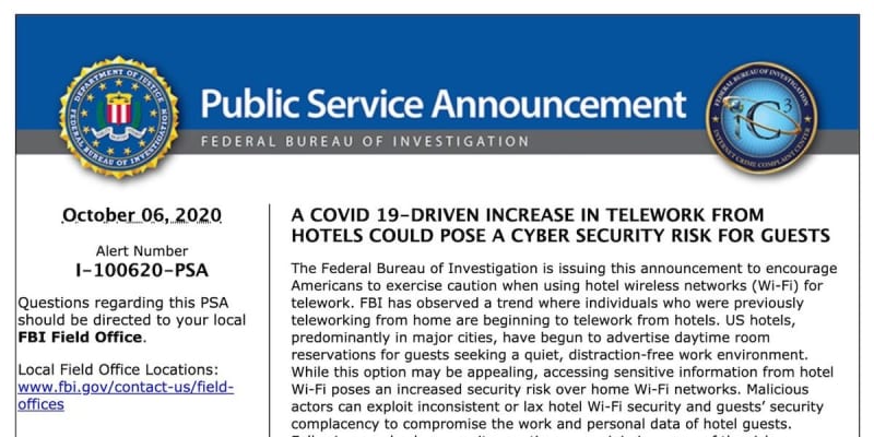 ホテルの公衆Wi-Fiを用いたリモートワークの危険性を警告、米FBI