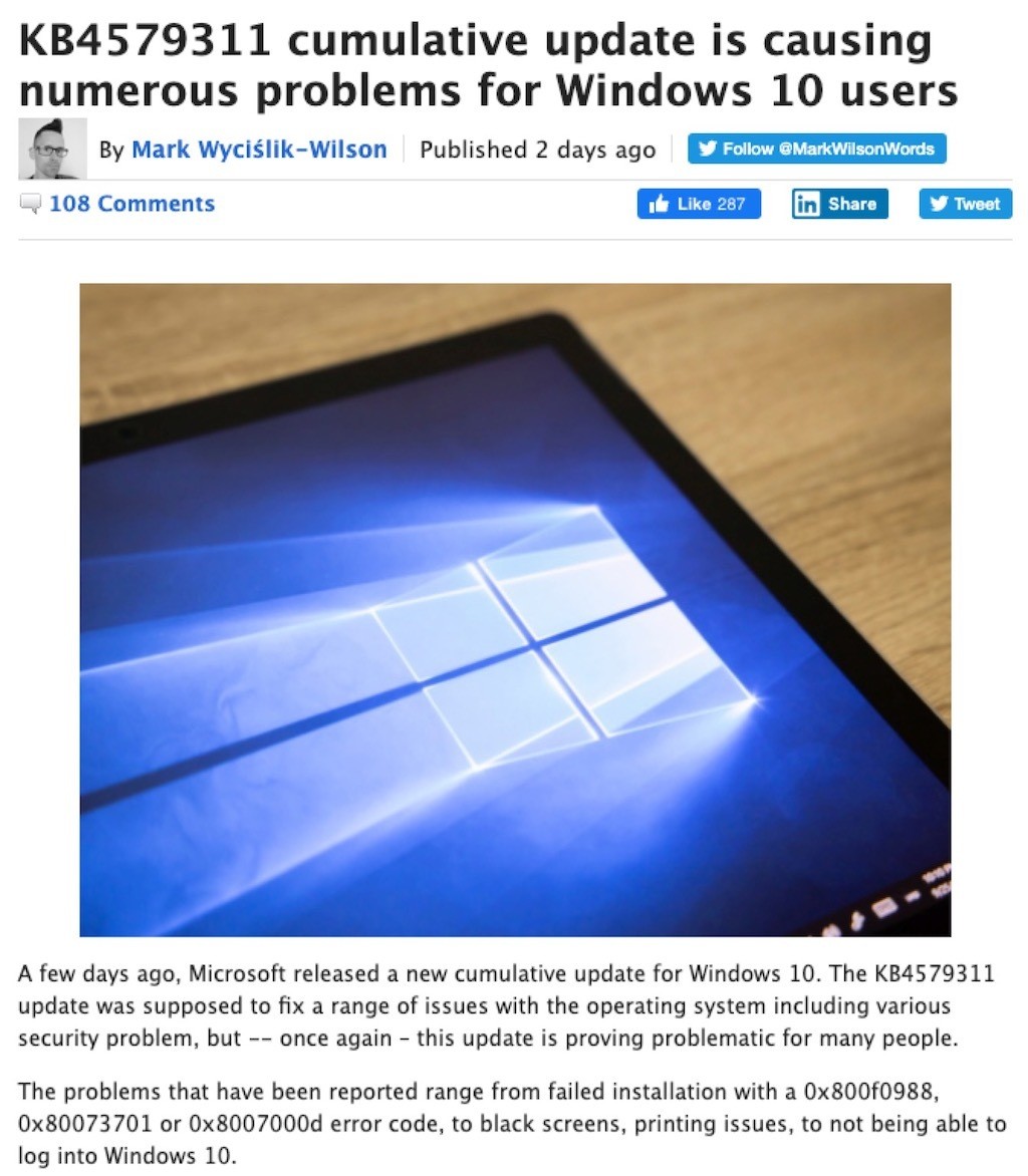 Windows 10の累積アップデートKB4579311は問題アリ？ 多くのユーザーが報告