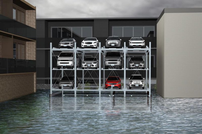 冠水対策で車を常時２ｍ以上収納！新明和工業が国内初の多段方式駐車設備