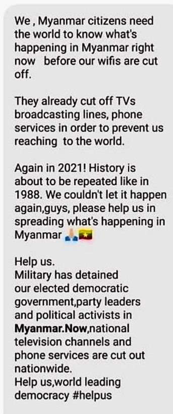 ミャンマーの友人から高校生に送られたメッセージ（原文まま）