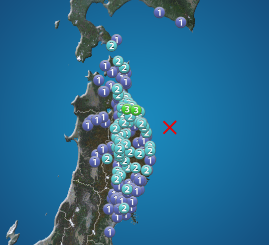 青森県で震度3の地震発生