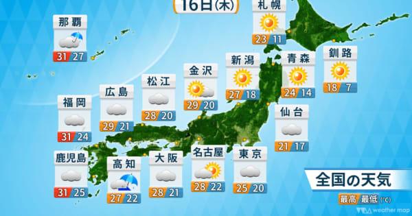 九州南部や四国でまとまった雨　関東もスッキリしない天気