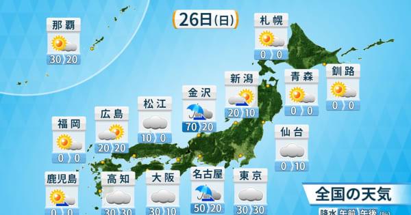 26日（日）中国・四国～北陸、関東を中心に不安定な天気　局地的な大雨に注意