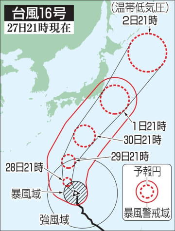 東・北日本は週末暴風雨も　台風16号、北上続ける