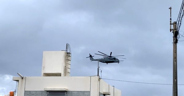 緊急着陸のCH53大型輸送ヘリ、粟国空港を離陸　米軍普天間飛行場に戻る