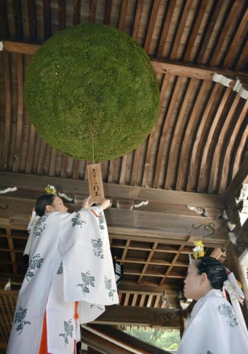美酒祈願で大杉玉掛け替え、奈良　大神神社の拝殿