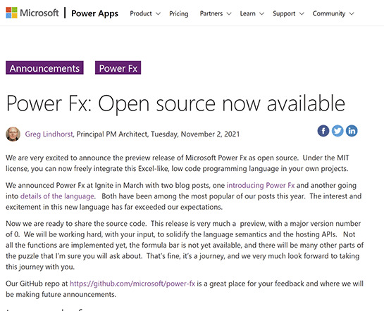 Microsoft、Excel関数ベースのローコード言語「Power Fx」をオープンソースで公開　MS製品以外でも採用可能に