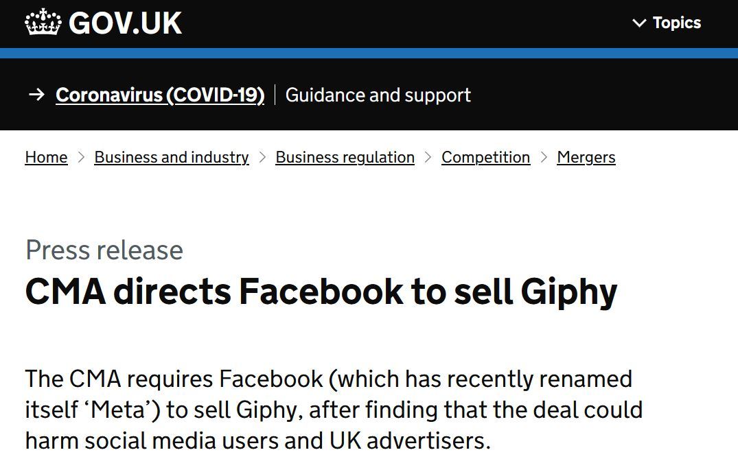 Meta（旧Facebook)に対し、英競争規制当局がGIFアニメのGIPHY売却を指示