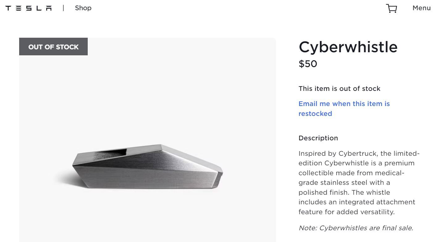 Tesla、発売が遅れている「Cybertruck」に似た「Cyberwhistle」を50ドルで発売、即完売