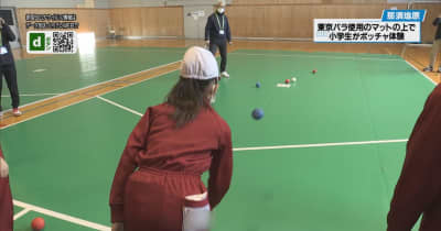 東京パラで使用のマット使い　小学生がボッチャ体験