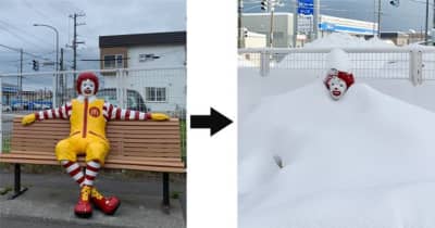 日本最北端のマクドナルド、大雪で衝撃的な光景。「さすがにドナルドでも寒そう」