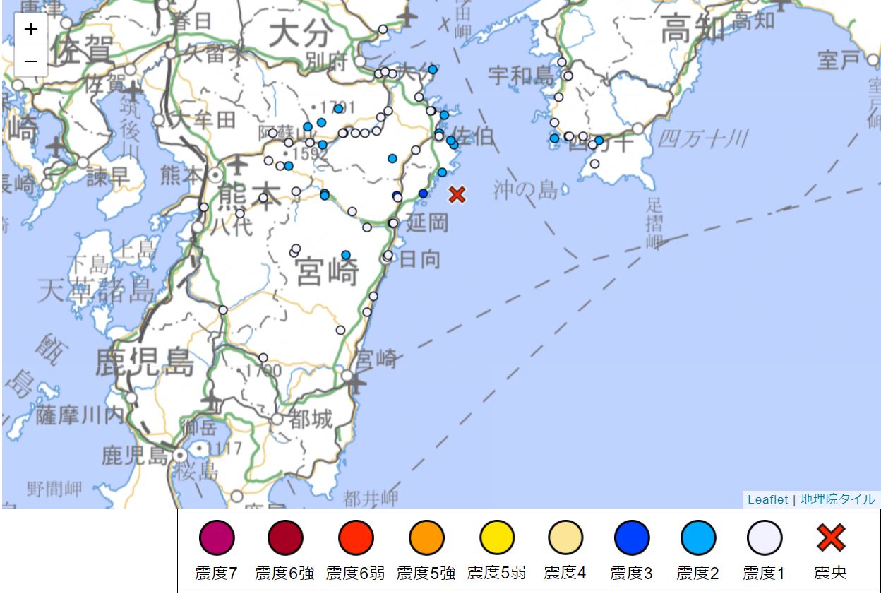 震度5強の地震後、日向灘が震源地の地震13回検知　宮崎県で震度3観測2回　1月22日午前3時までに