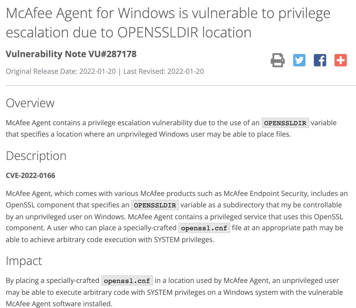 McAfee Agent for Windowsに特権昇格の脆弱性、アップデートが必要