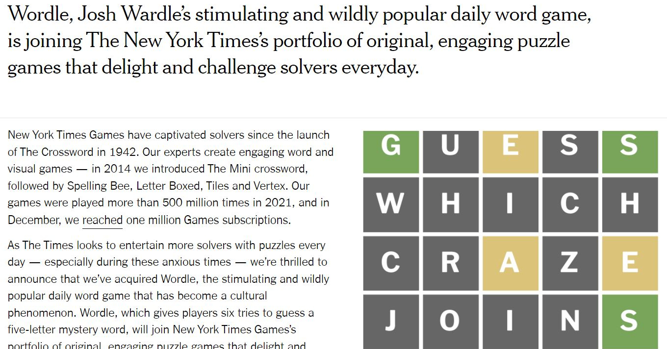 New York Times、人気ゲーム「Wordle」を買収　数億円規模か