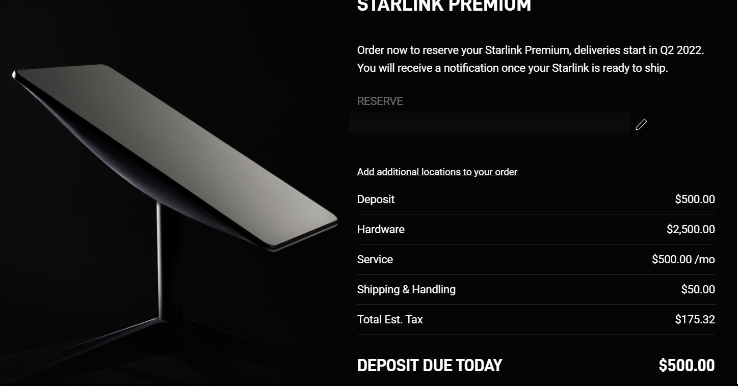 SpaceX、「Starlink」のプレミアムプラン開始　下り500Mbpsを月額500ドルで