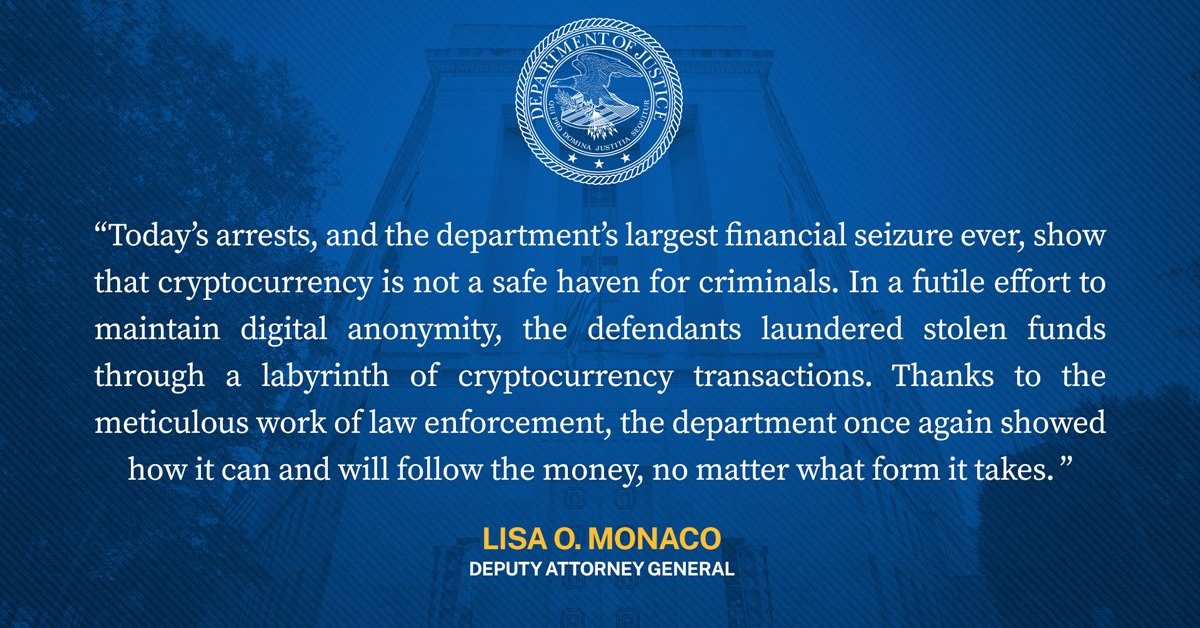 米司法省、2018年にBitfinexから盗まれたビットコイン4160億円相当を押収、2人を逮捕