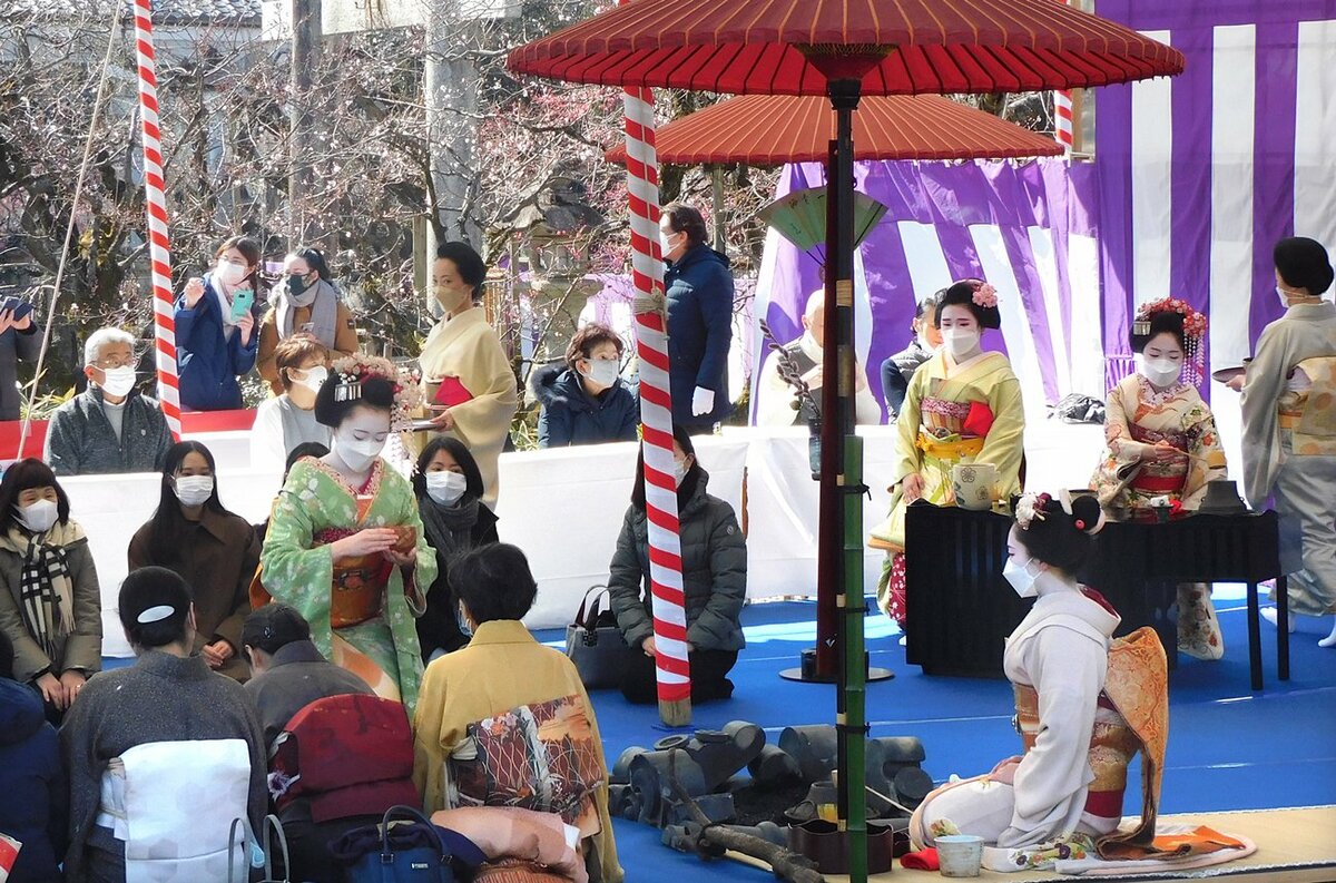 梅咲く境内で舞妓ら茶会、菅原道真しのぶ　京都・北野天満宮で「梅花祭」
