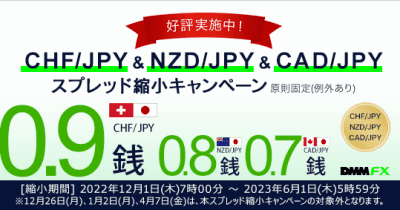 【DMM.com証券】CHF/JPY、NZD/JPY、CAD/JPYにてスプレッド縮小キャンペーンを開催！